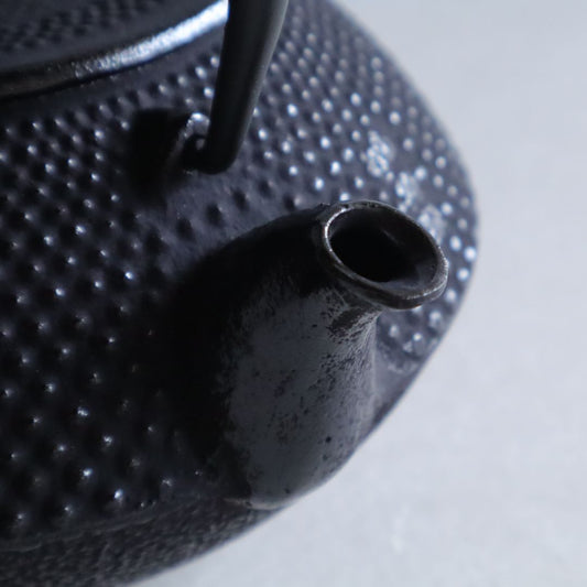 Close-up of a black Arare Nambu cast iron teapot, showing its textured surface with raised dots and engraved Japanese characters near the spout.