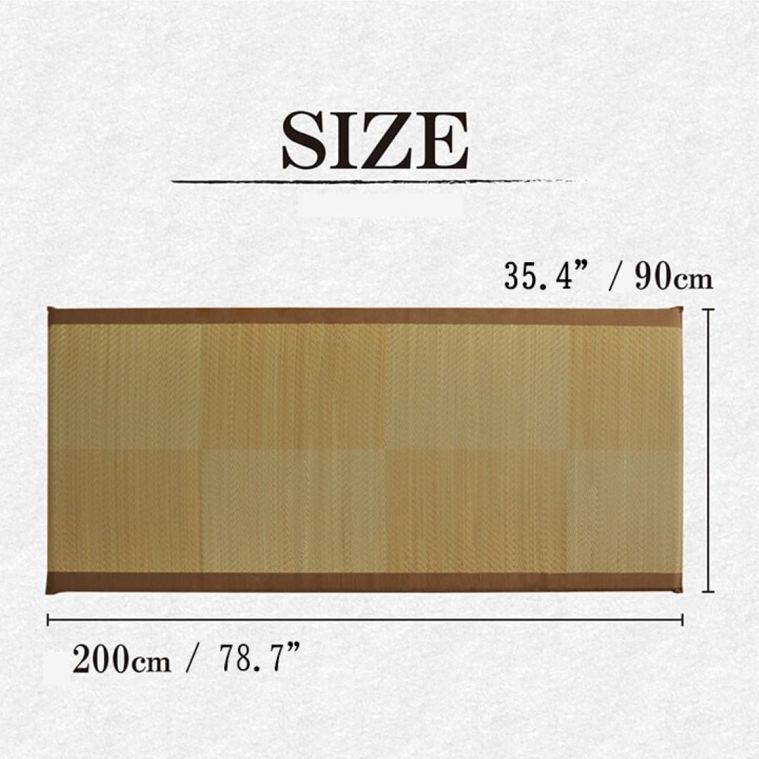 A size chart showing the dimensions of a Japanese foldable igusa mat, measuring 90 cm in width and 200 cm in length.
