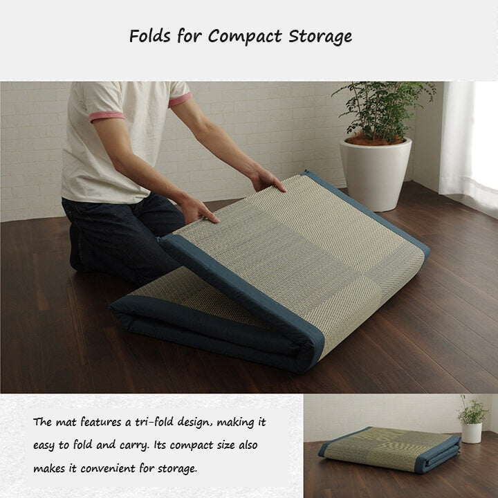 Demonstrating the folding feature of a Japanese igusa mat, showing how it folds easily for compact storage.