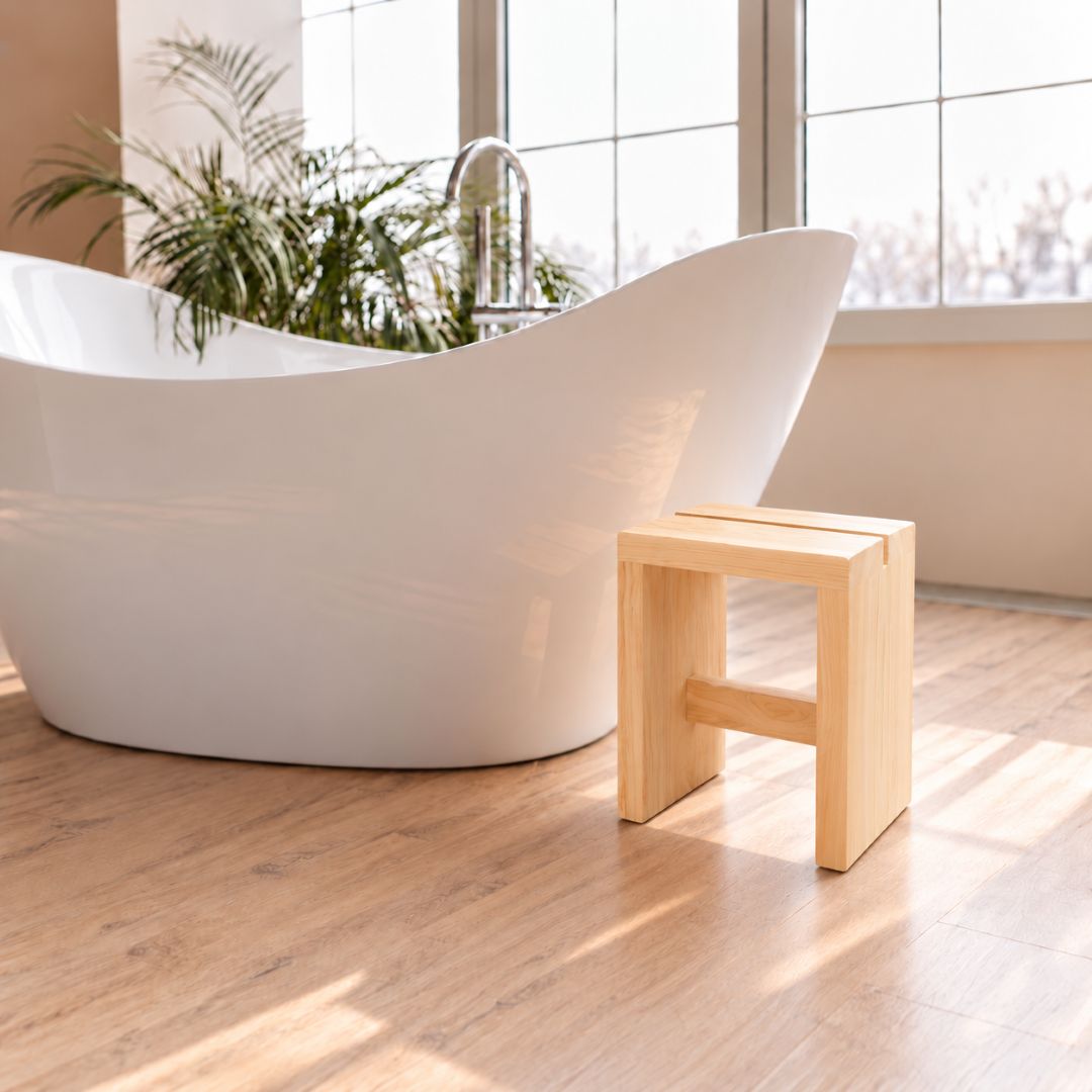 A modern freestanding bathtub in white with a small light wood step stool beside it, set in a bright bathroom with wood flooring and a window.