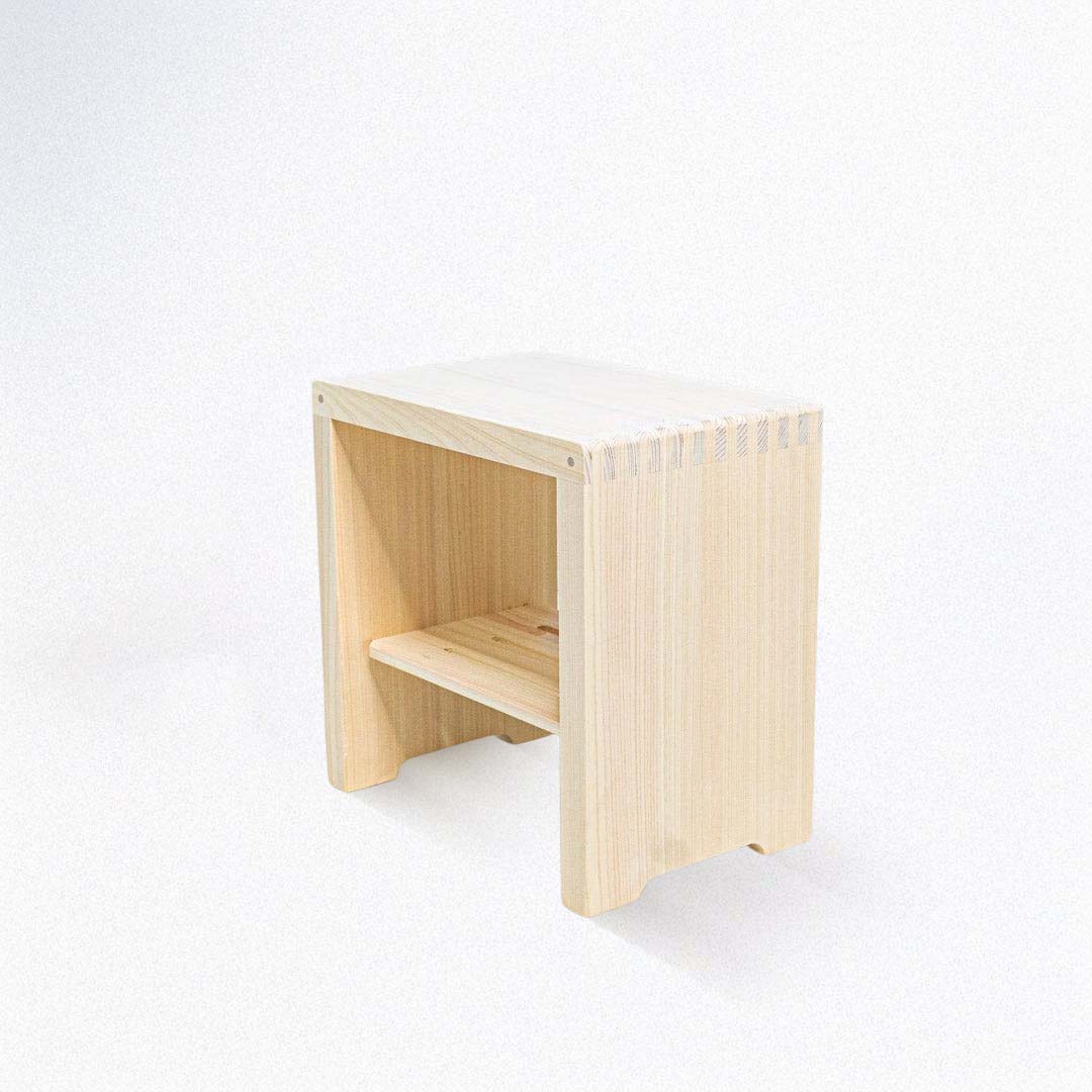 A square wooden shower stool on a white background