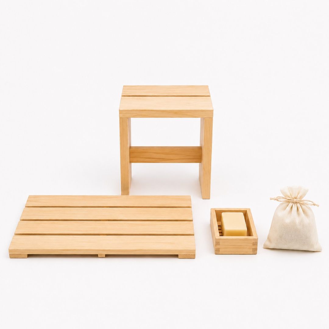 Japanese Bathroom Accessories Set in Hinoki Wood