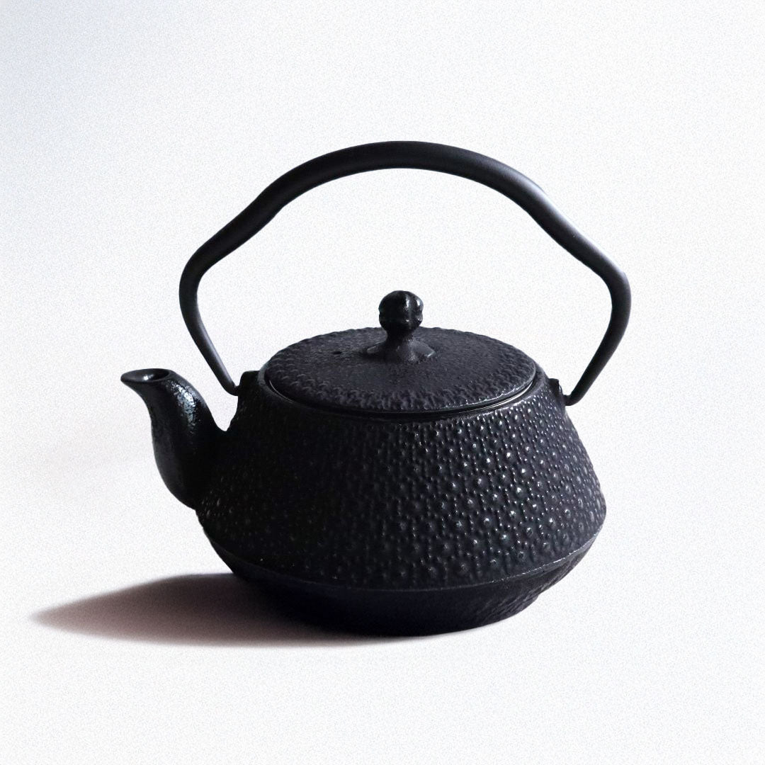 A Nambu Tekki teapot featuring a traditional hexagonal pattern, with a curved handle and a spout. The teapot is set against a light gray background.