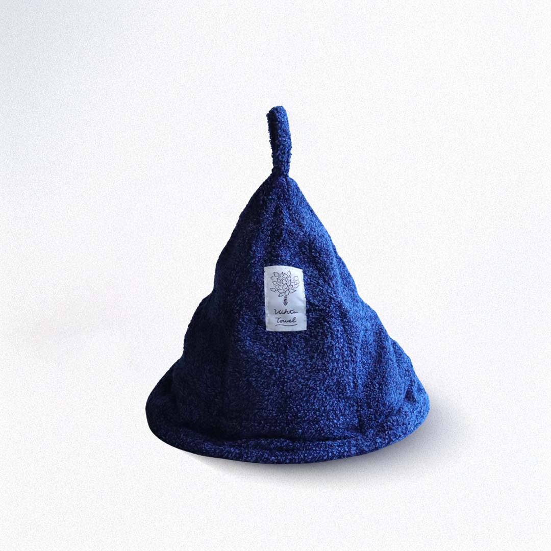 Blue sauna hat with a brand label on a white background