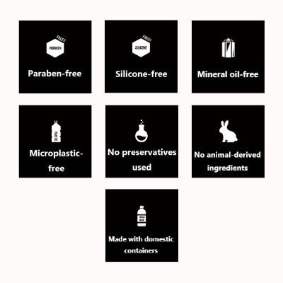 Icons displaying product features: Paraben-free, Silicone-free, Mineral oil-free, Microplastic-free, No preservatives used, No animal-derived ingredients, and made with domestic containers.