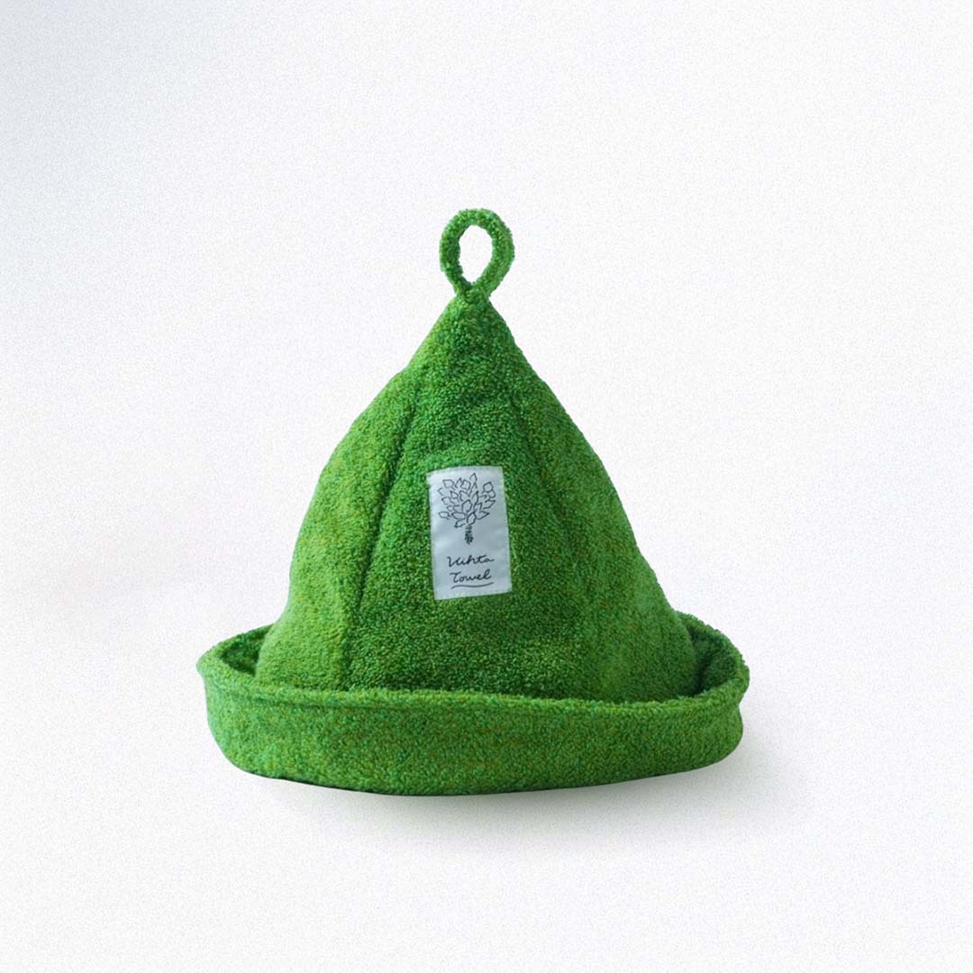 Green sauna hat with a small label on a white background