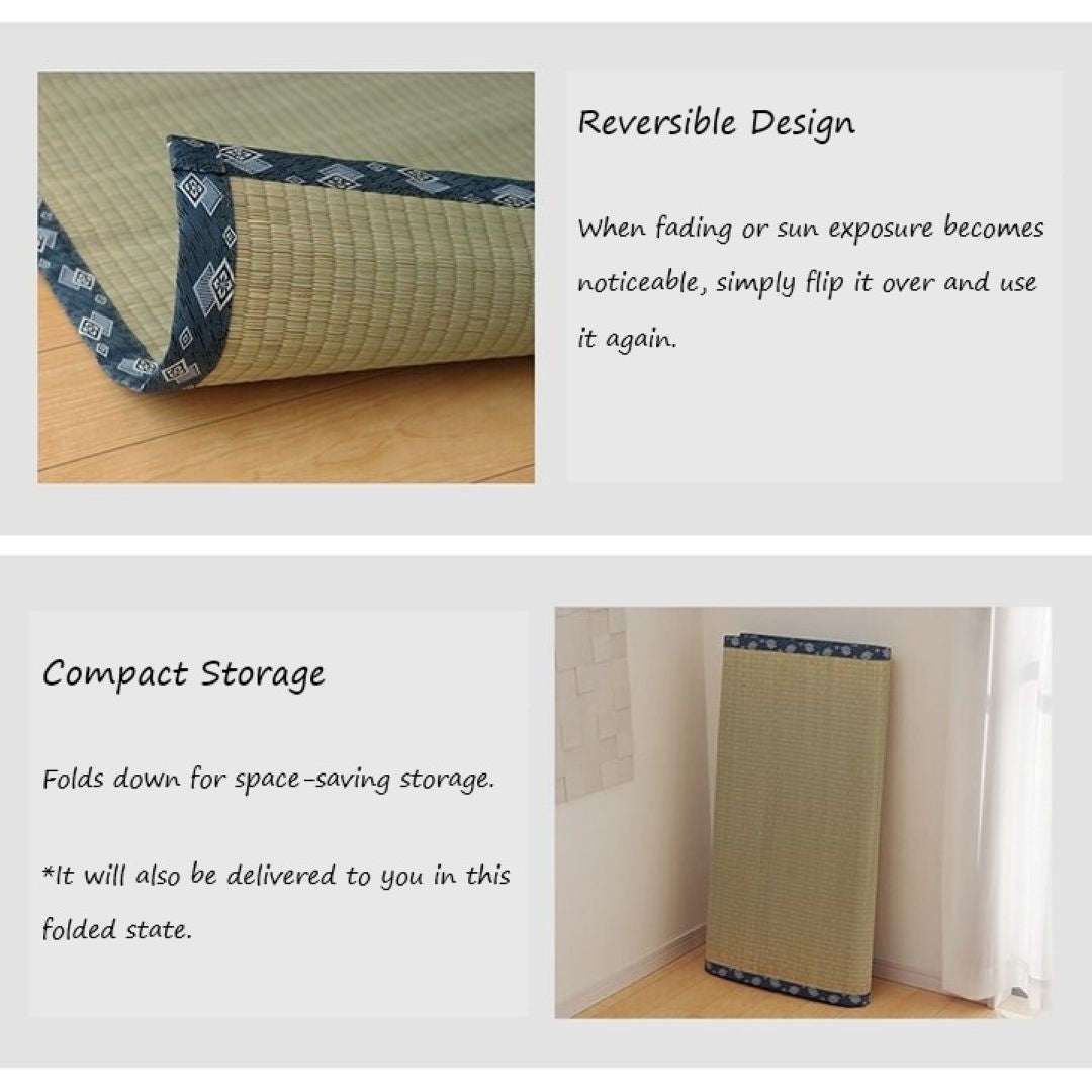 Reversible mat with text on its reversible side and compact storage feature.