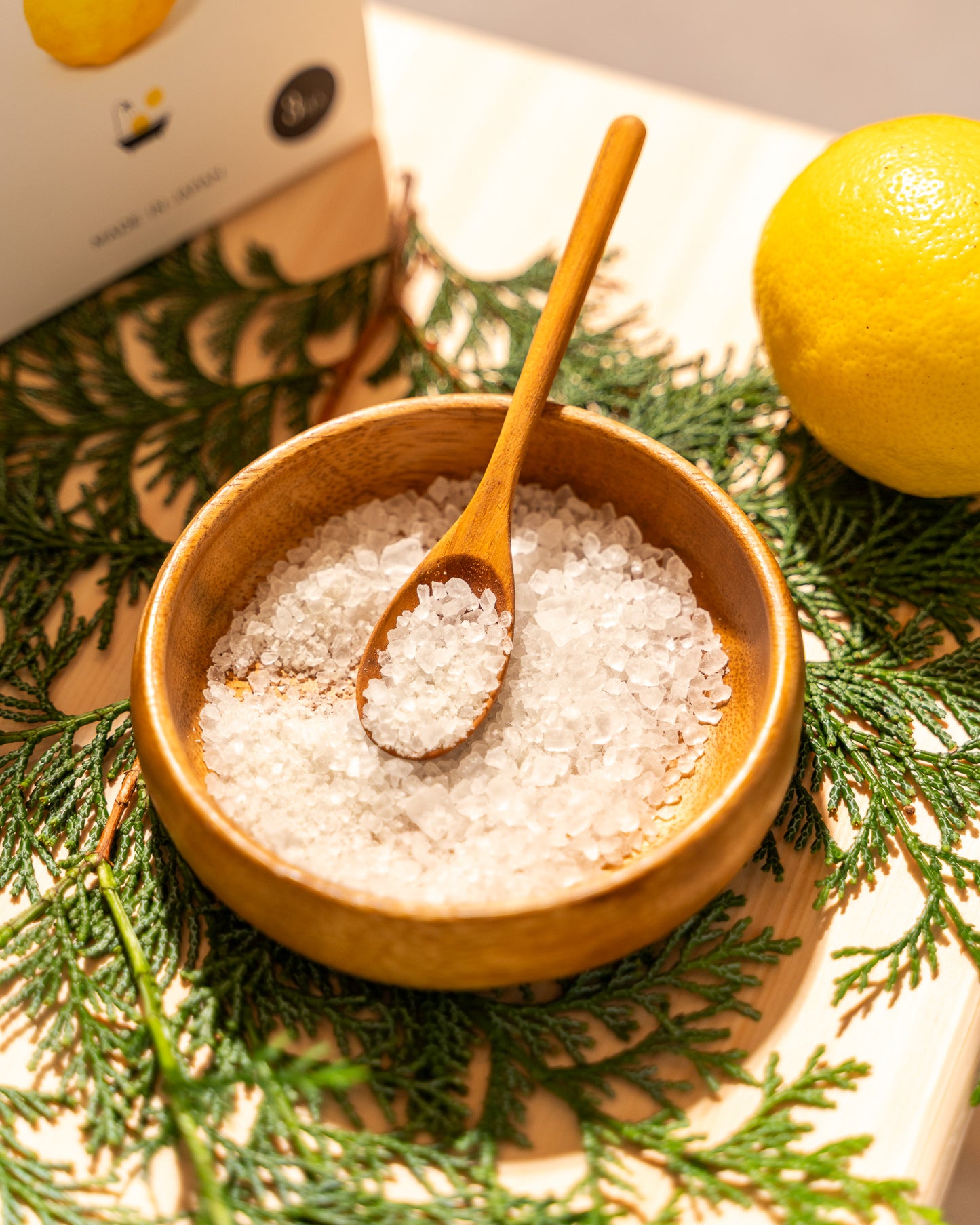 Wooden bowl with sea salt and a wooden spoon on a green leafy background