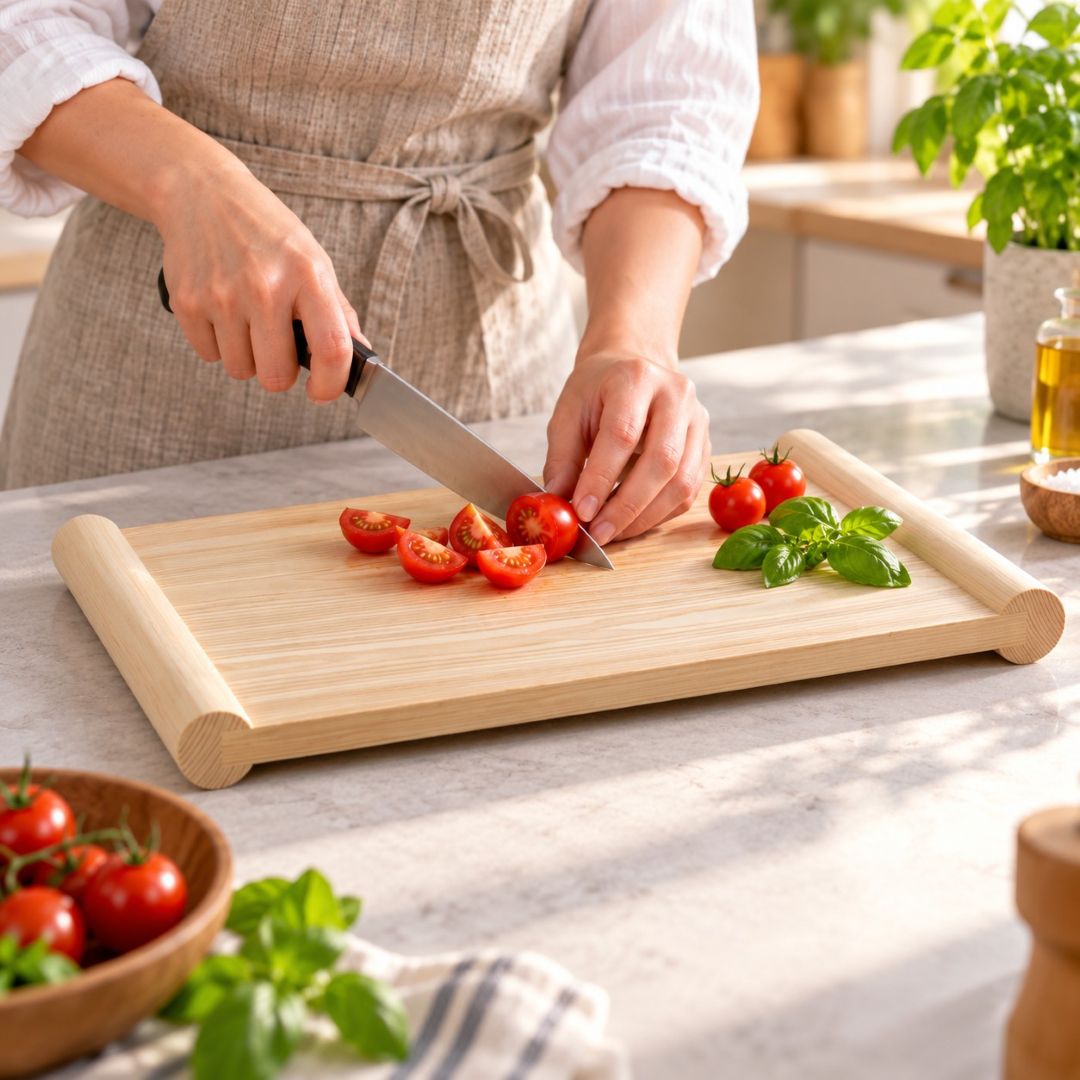 A person in a beige apron slices red tomatoes on a light wood scroll-style cutting board with a black-handled knife, set in a bright kitchen with basil and tomatoes visible.