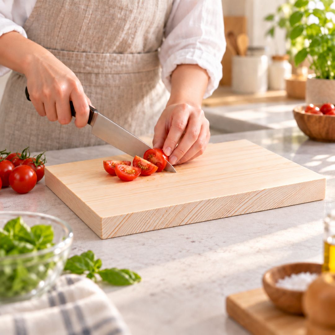 A person wearing a beige apron slices fresh red tomatoes on a rectangular light wood cutting board in a bright kitchen setting.