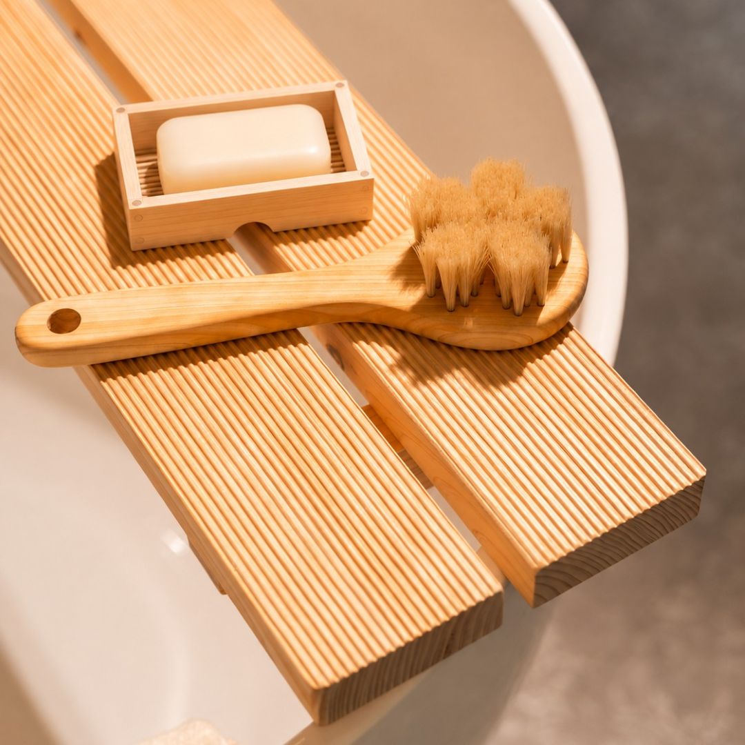 A bamboo bath accessory set including a double-sloped wooden bath mat, a wooden soap dish with a bar of soap, and a wooden scrub brush with natural bristles, arranged on the edge of a white bathtub.