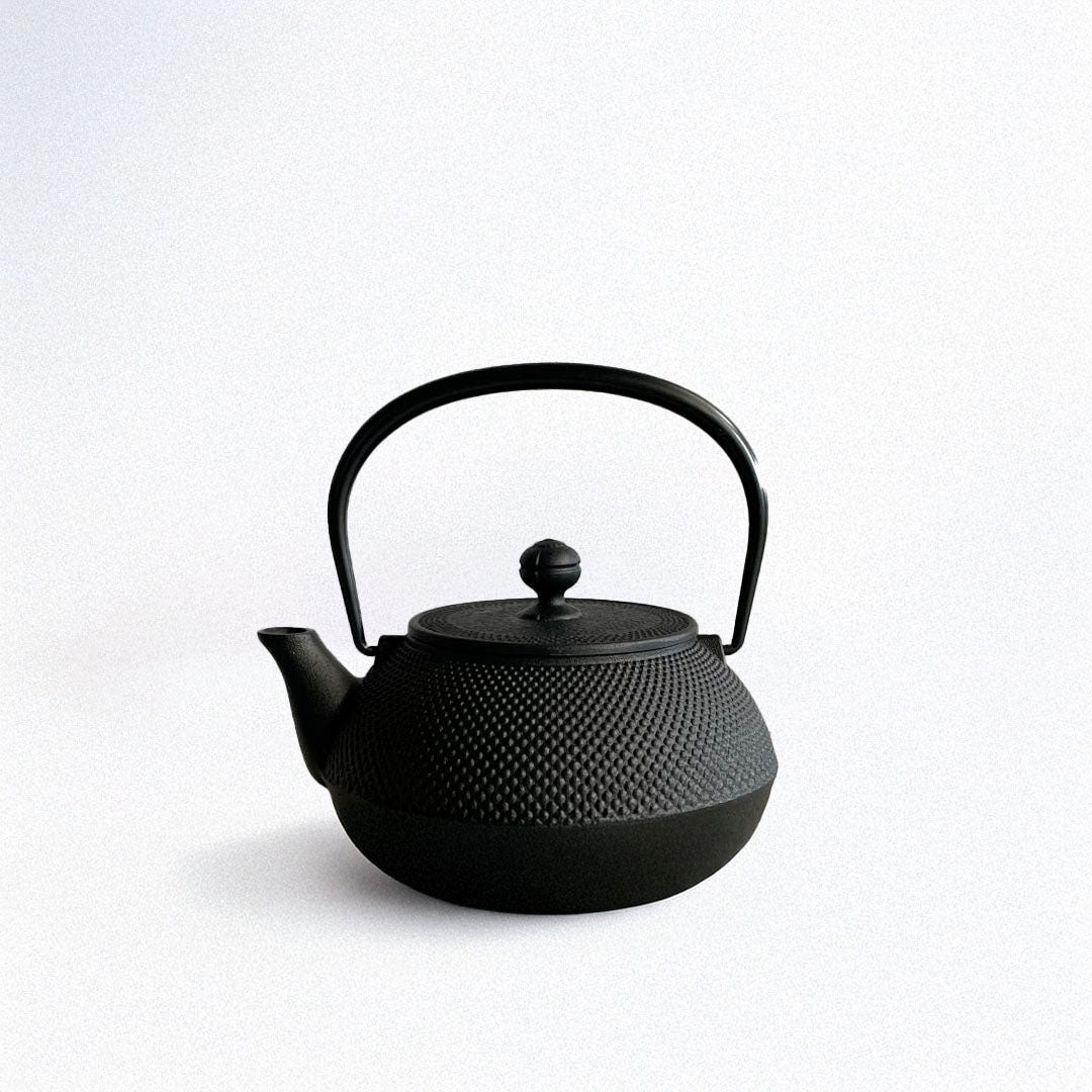 This is a black cast iron Tetsubin kettle with a lightly rough surface on the body. The iron handle has a smooth surface and is standing upright. The kettle is placed in the center of a space with grey walls and a grey surface, seen from a front view.