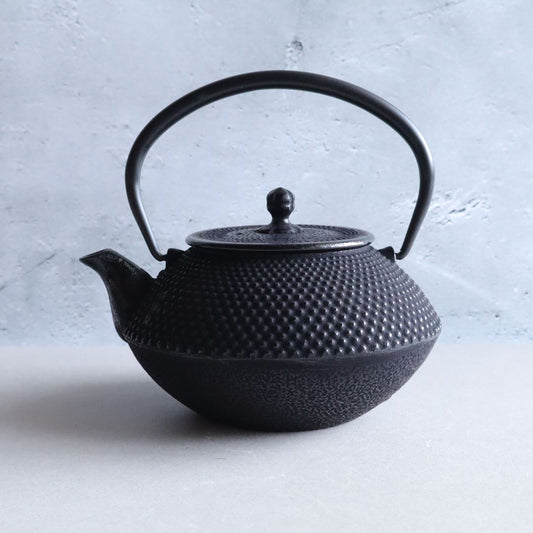 Black cast iron Japanese teapot in Arare Nambu style, featuring a textured dotted surface and curved handle, placed on a light grey surface with a soft concrete background.