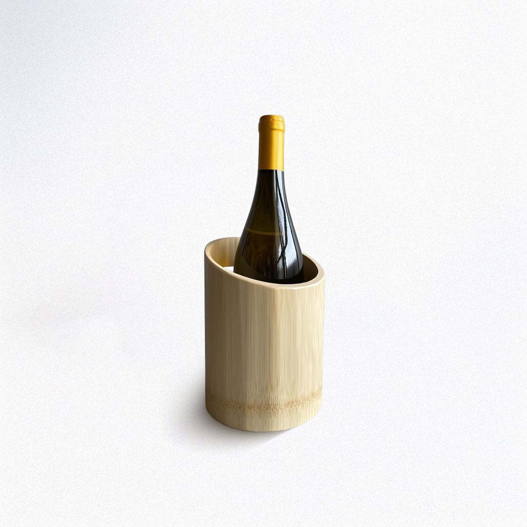 Wooden wine cooler with a bottle of wine on a white background