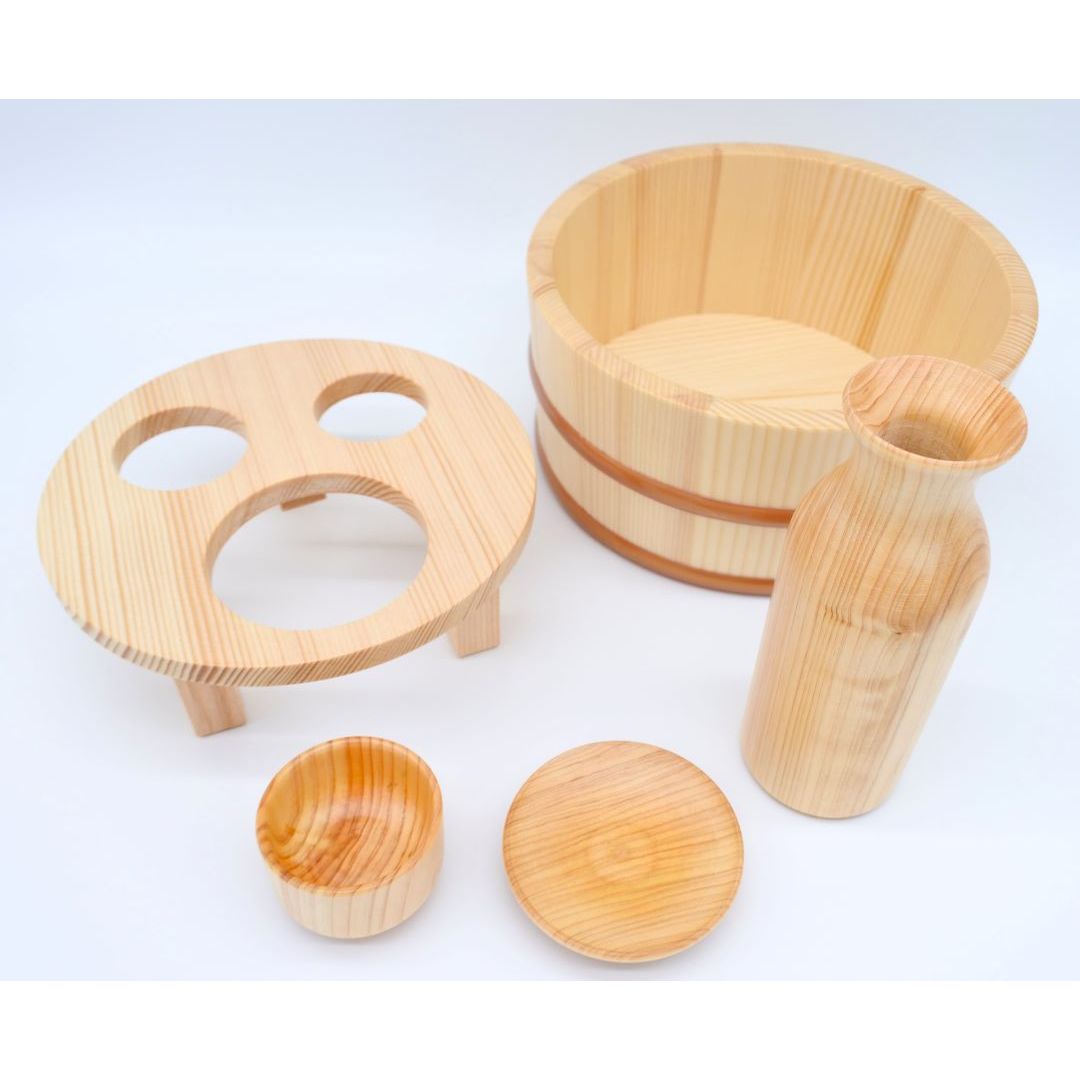 five parts of a set wooden sake cup bottle tub