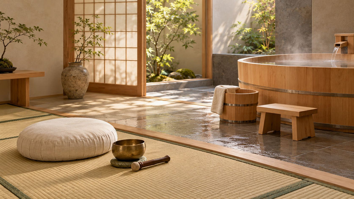 Japanese home spa with tatami mats, a meditation bell and a wooden bath in soft natural light.