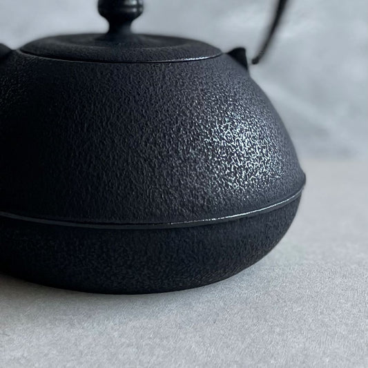 A Japanese tetsubin teapot sits on the right side of the image, with intricate patterns etched into its cast iron surface. On the left, a sleek black cup complements the teapot's traditional design.