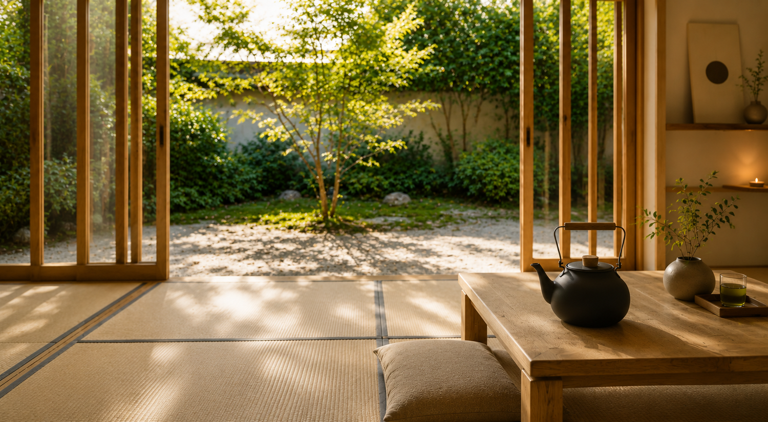 a tatami room with a japanese garden