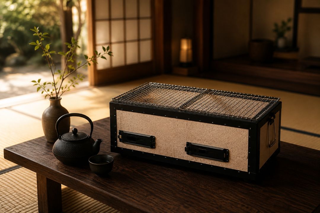 a japanese tatami room with a hibachi in the middle