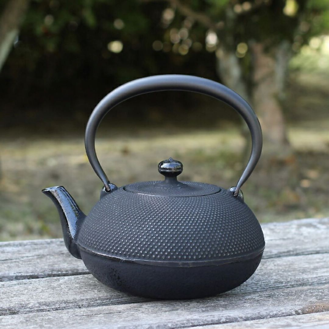 Japanese Nanbu Tetsubin on a wooden table, with a serene garden in the background. The cast iron teapot represents traditional craftsmanship.