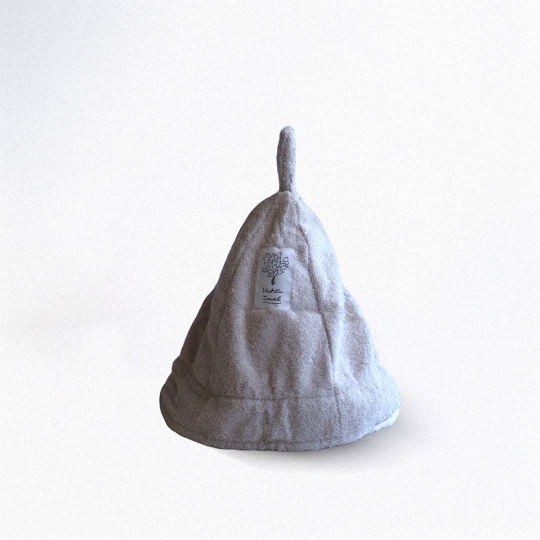 Gray sauna hat with a brand logo on a white background
