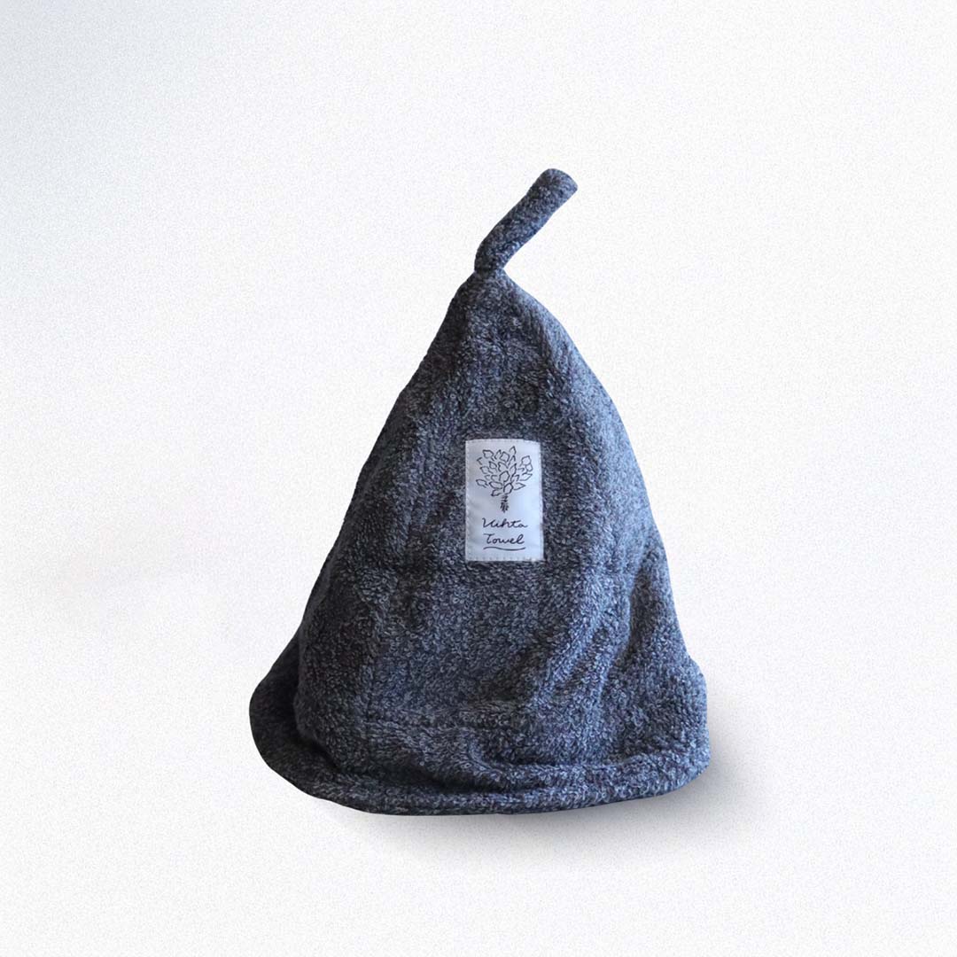 Charcoal color sauna hat with a brand label on a white background