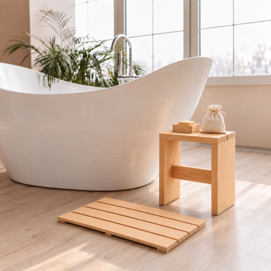 Japanese Bathroom Accessories Set in Hinoki Wood