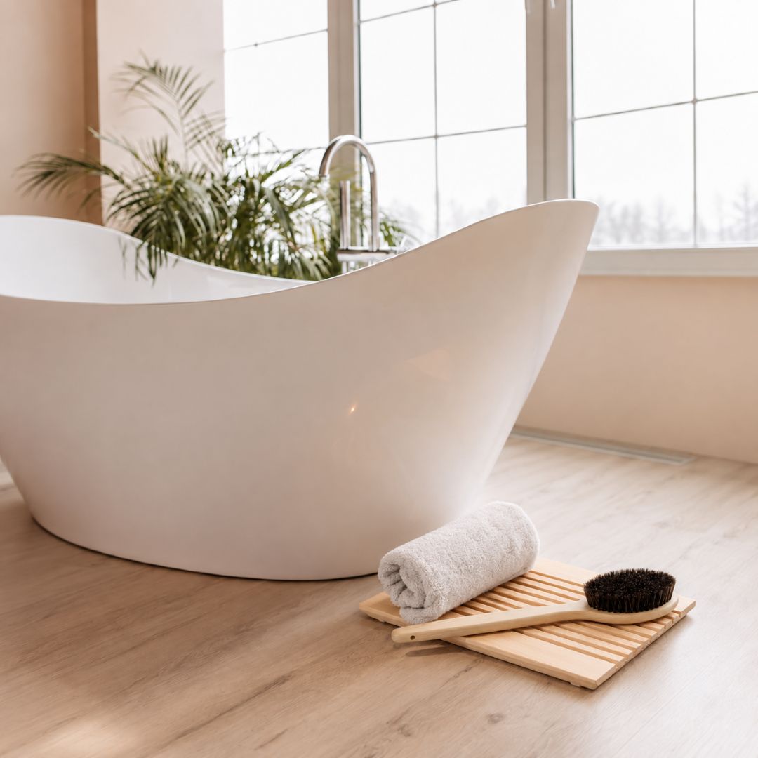 A modern freestanding bathtub in a bright bathroom setting with a wooden floor, large window, green plant, and a rolled towel with a wooden brush on a slatted mat.