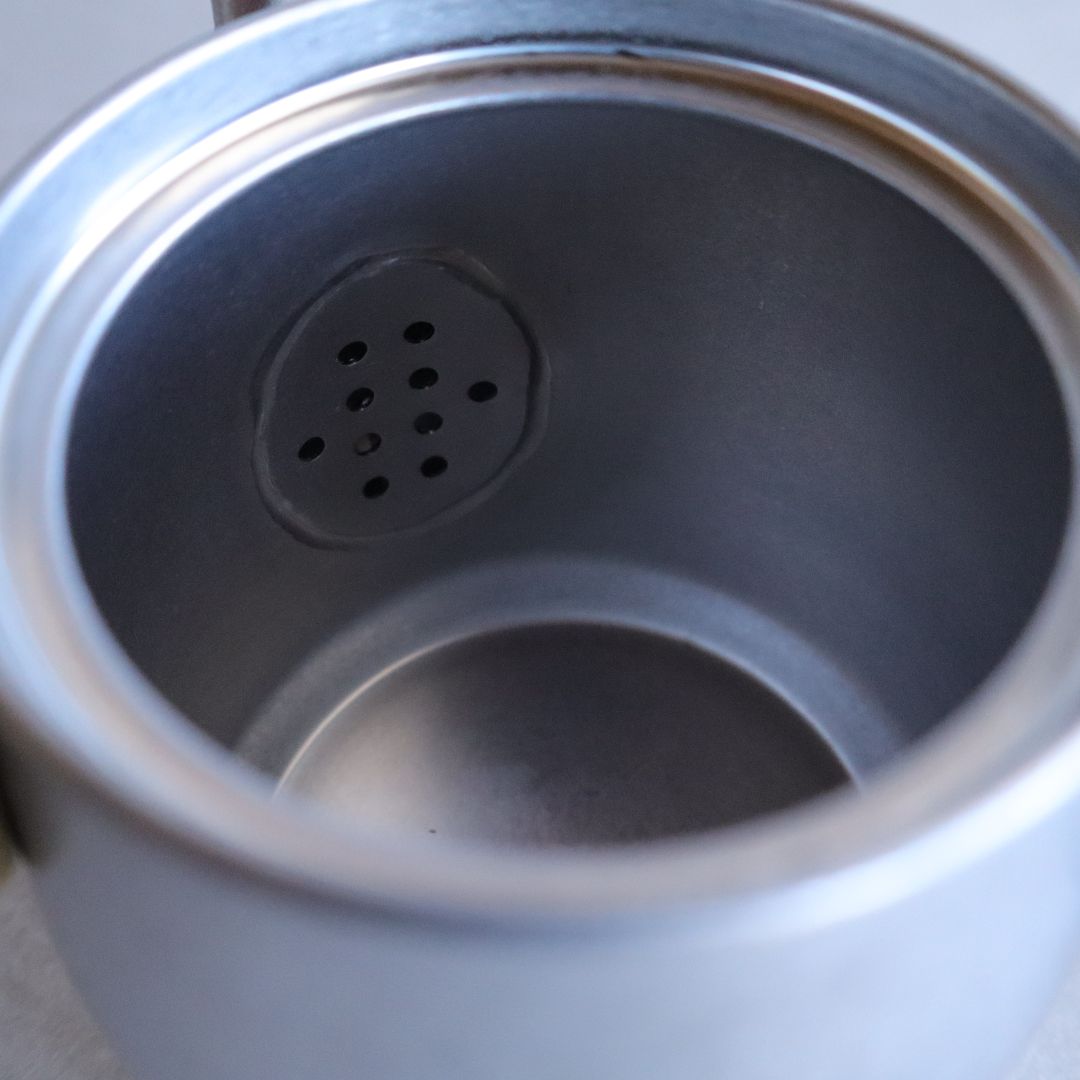 Close-up of the inside of the stainless steel teapot, showing small holes near the spout for built-in tea filtering