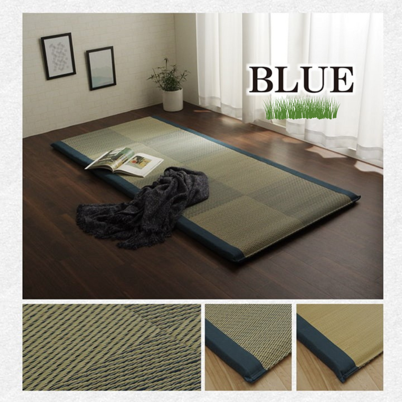 A Japanese foldable igusa mat with a blue accent border, ideal for relaxation and home decor.