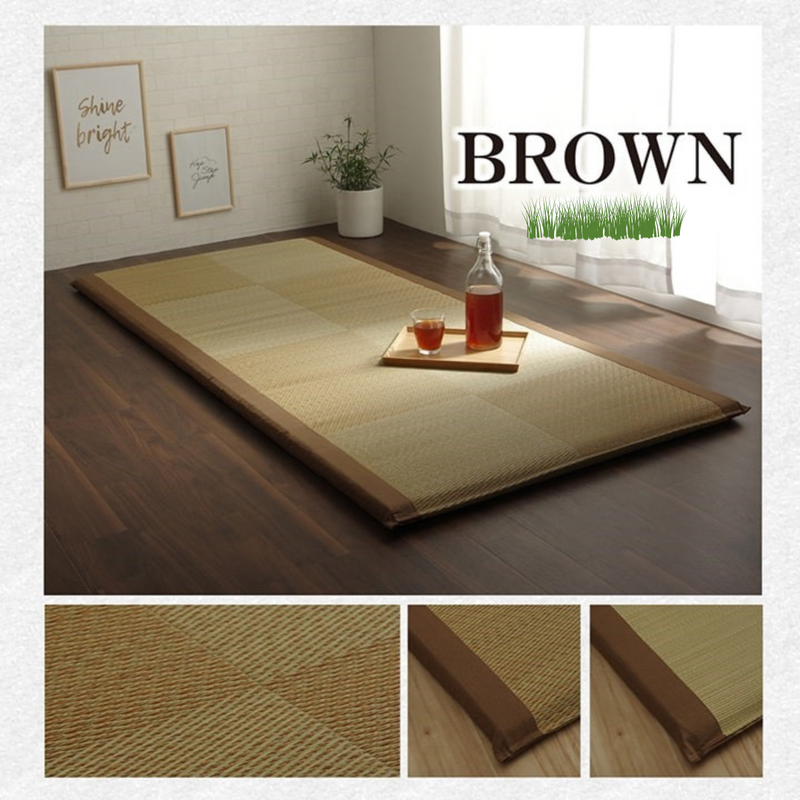 A Japanese foldable igusa mat with a brown accent border, perfect for minimalist home design and comfort.