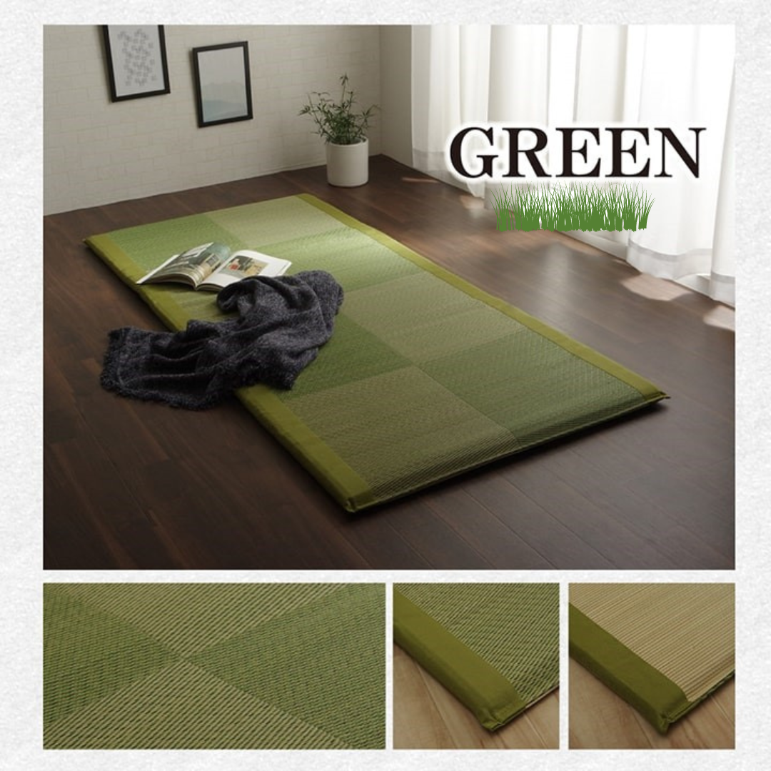 A Japanese foldable igusa mat with a green accent border, blending natural tones for a peaceful atmosphere.