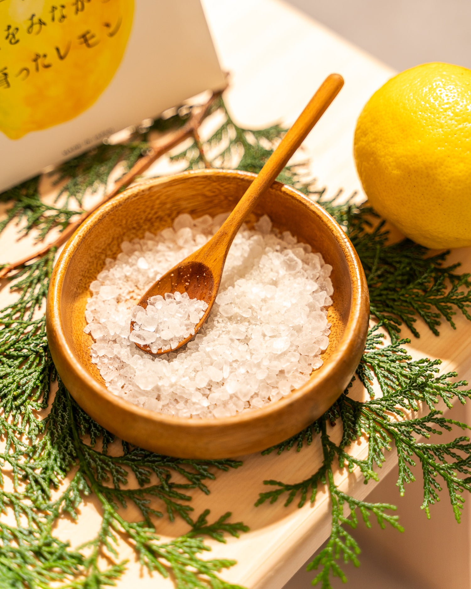 Wooden bowl with sea salt, wooden spoon, lemon, and greenery on a light background