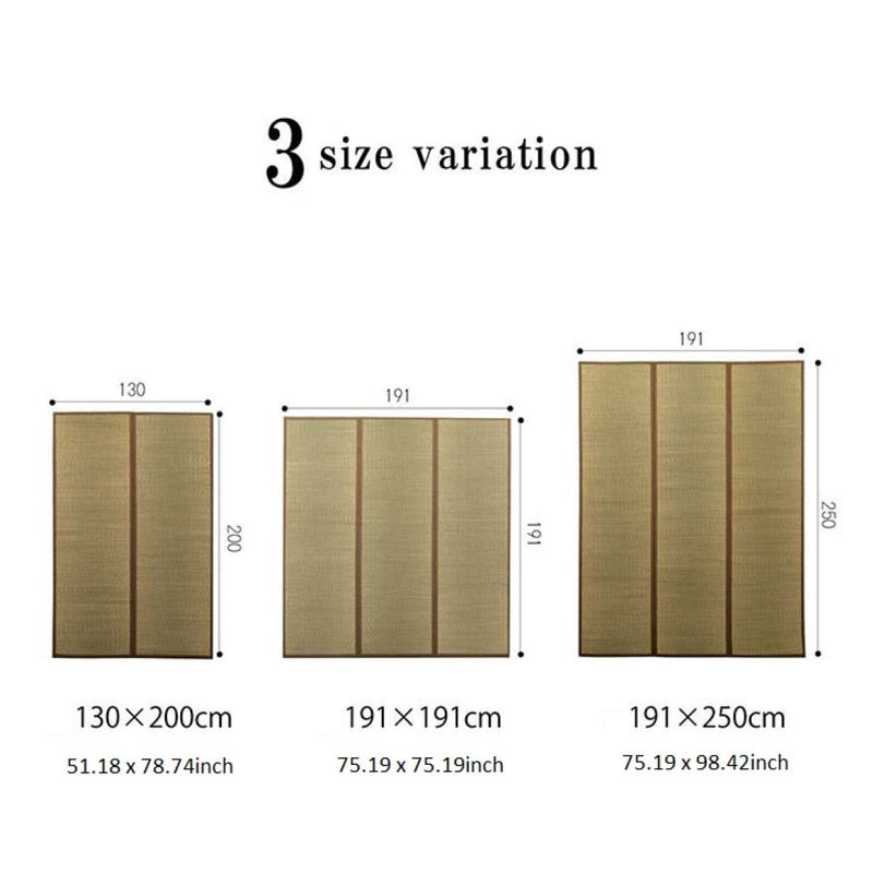 An image showing three size variations of a tatami mat. The sizes are displayed as follows: 130 x 200 cm (51.18 x 78.74 inches), 191 x 191 cm (75.19 x 75.19 inches), and 191 x 250 cm (75.19 x 98.42 inches). Each mat is divided into three panels, and the dimensions are clearly marked. The text at the top reads "3 size variation."