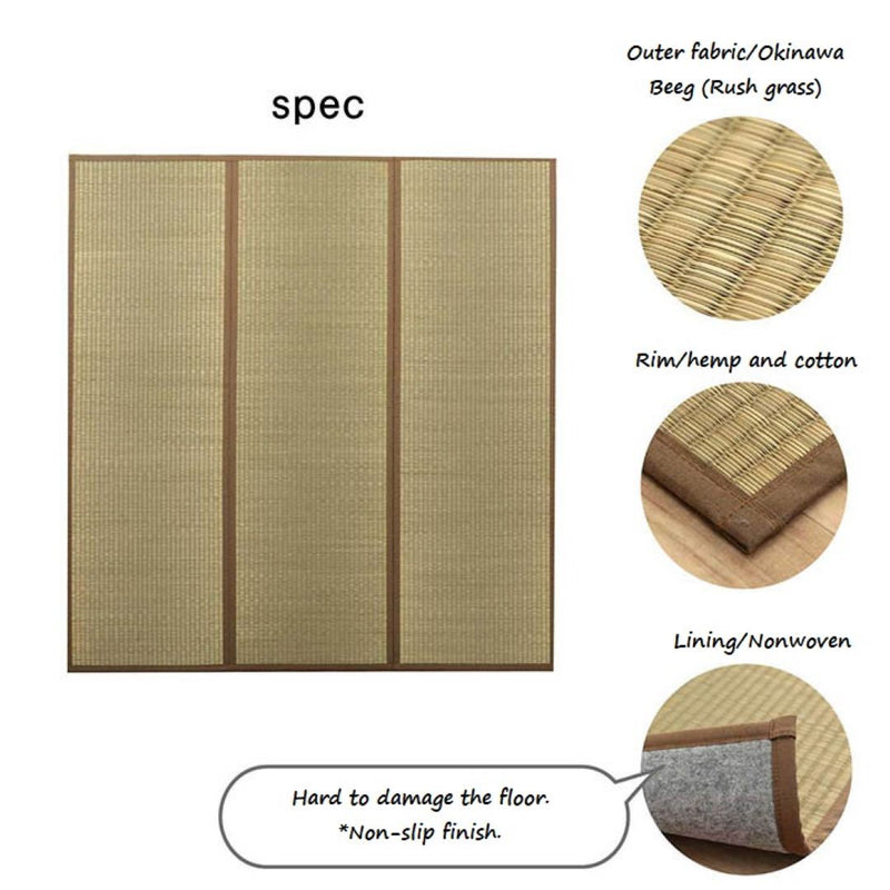 An image showing the specifications of a tatami mat. The mat is divided into three panels and made from Okinawan rush grass. The outer fabric is labeled as "Okinawa Beeg (Rush grass)." The rim is made of hemp and cotton. The lining is nonwoven. The mat has a non-slip finish, making it hard to damage the floor. Close-up images highlight the rush grass, rim, and lining materials.