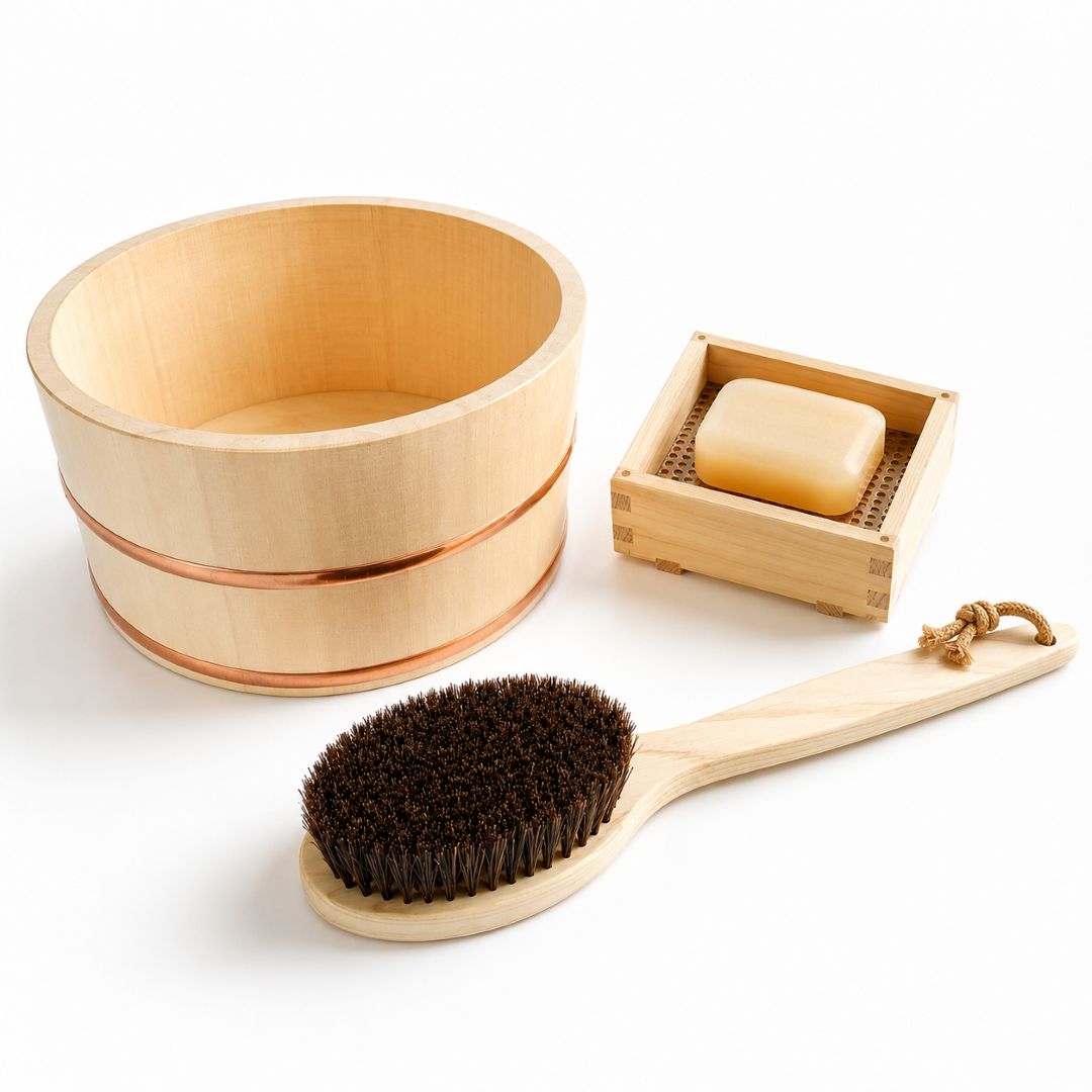 A natural bamboo bath set on a white background, including a wooden bath bowl with copper bands, a wooden soap dish holding a bar of soap, and a wooden-handled brush with dark bristles.