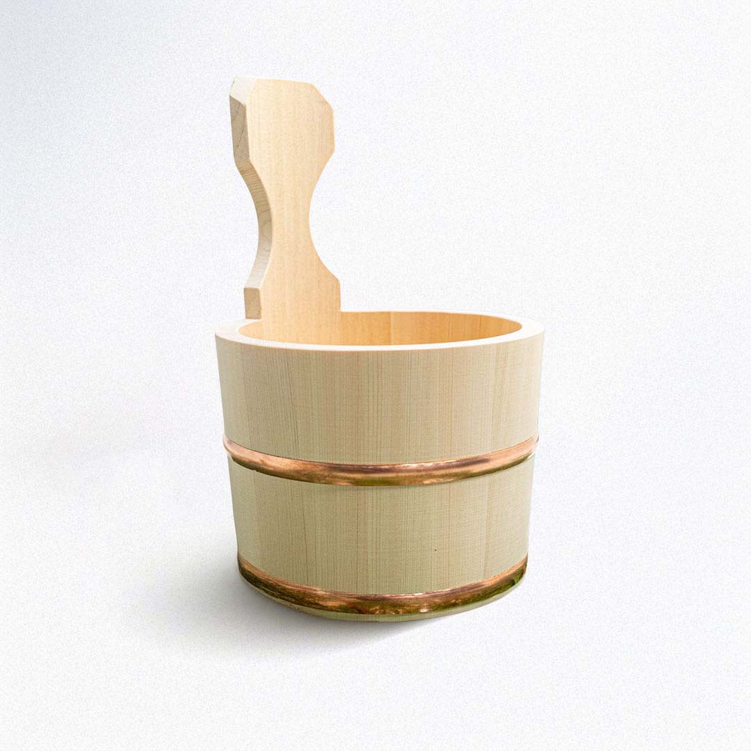 Wooden bucket with a handle on a white background