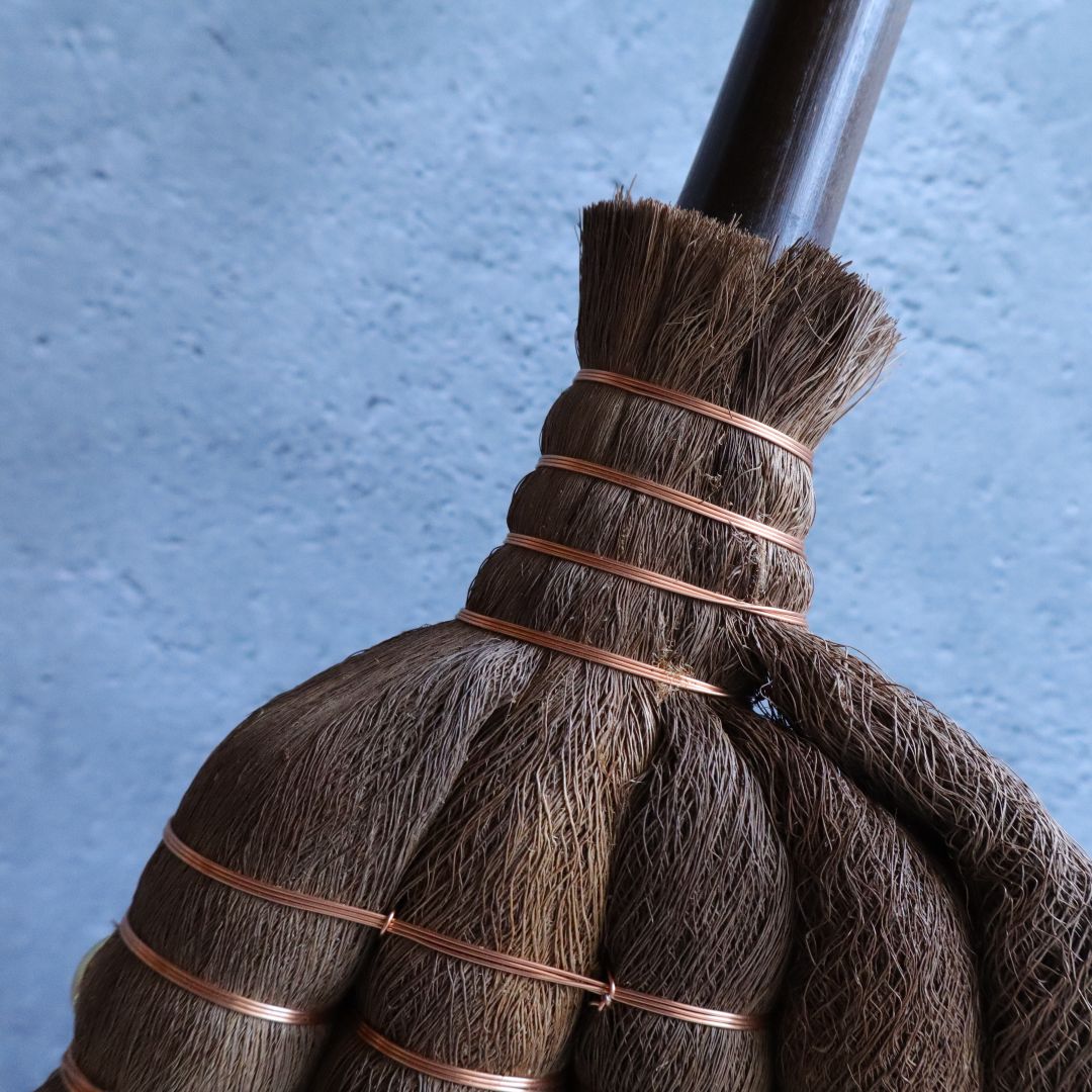 Japanese hemp broom with hemp fiber hold by copper wire