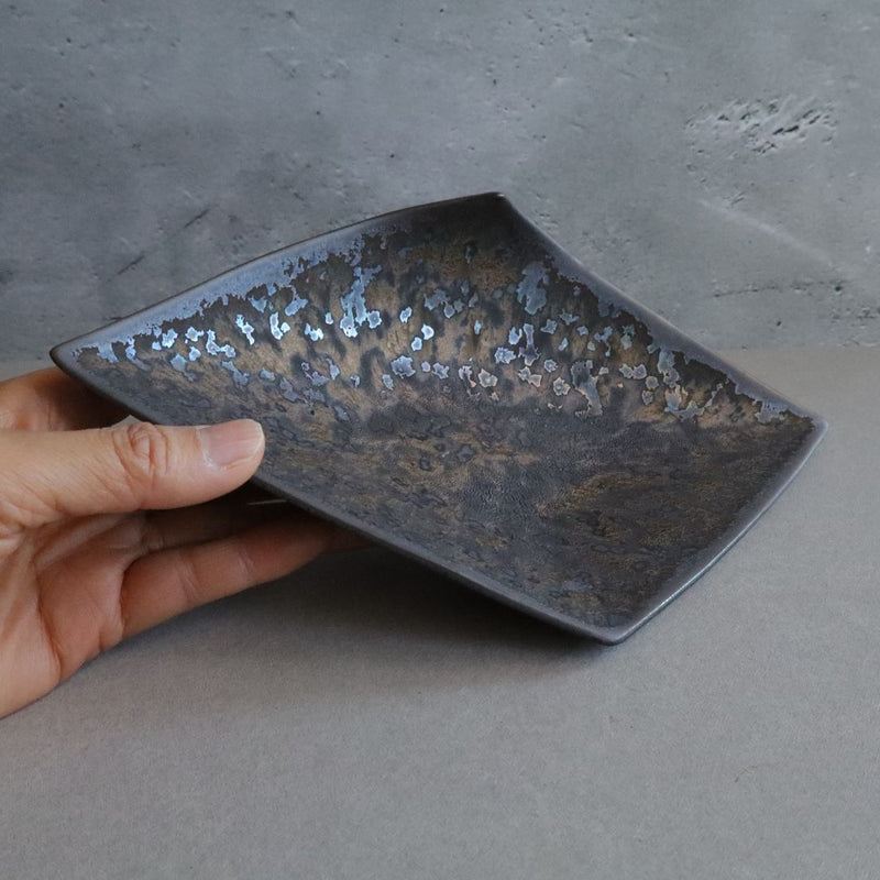 Hand holding a Japanese porcelain tray with a metallic glaze in shades of gray, black, and iridescent blue and silver. The tray rectangular shape features sharply defined edges and a modern look.