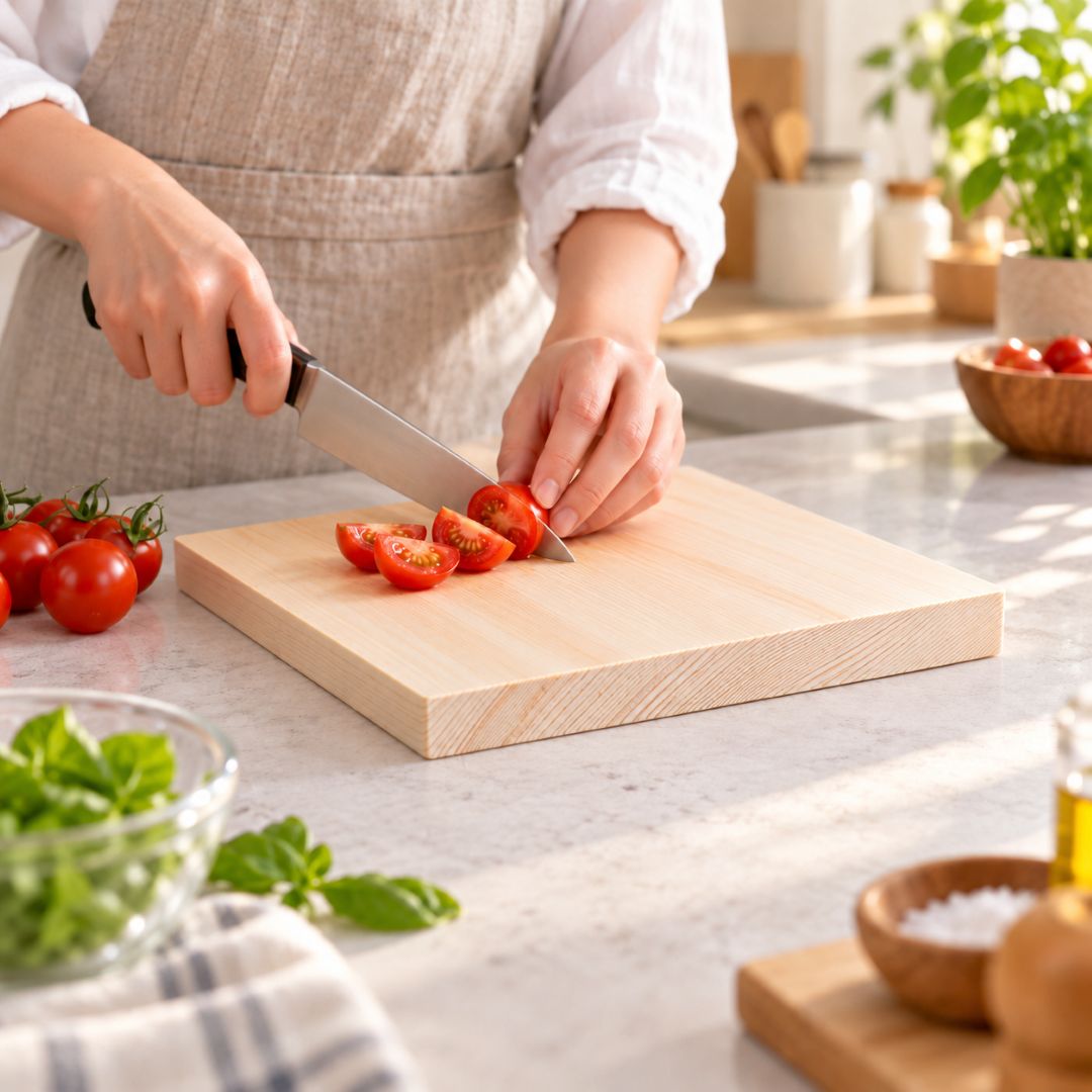 A person in a beige apron slices red tomatoes on a rectangular light wood cutting board in a bright kitchen setting.