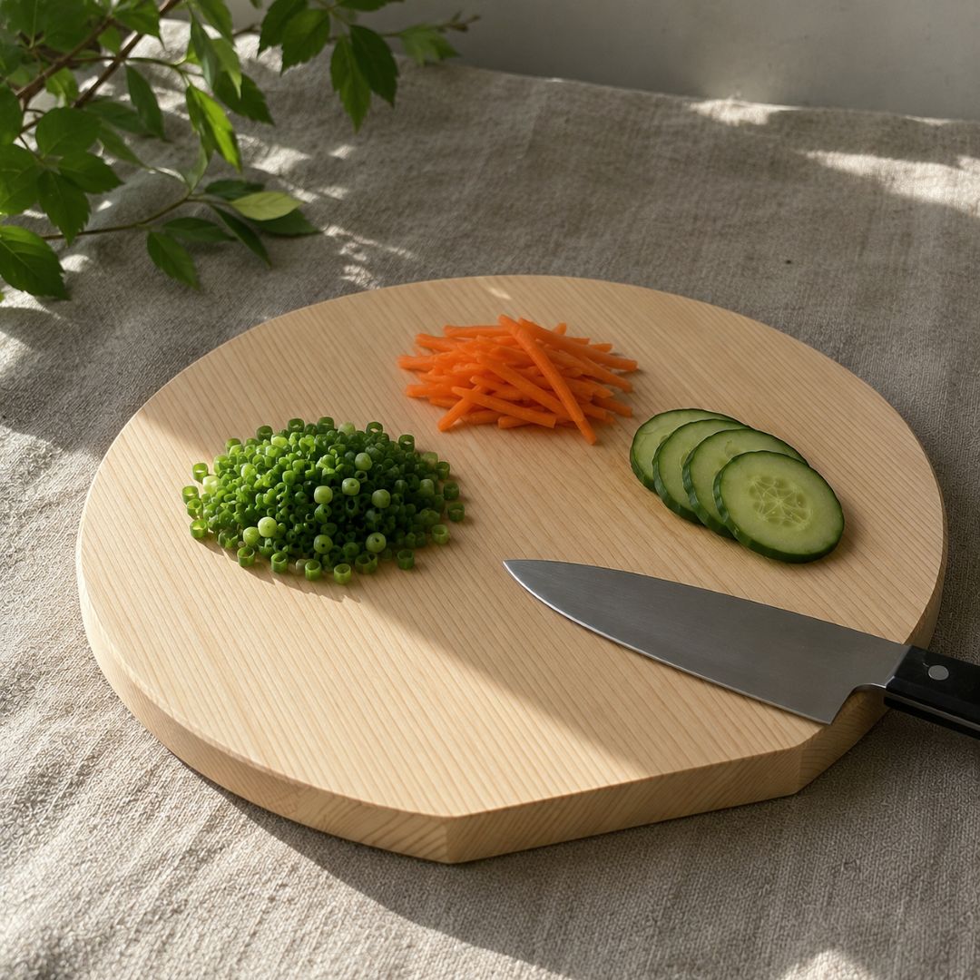 A round light wood cutting board with a hexagonal edge, shown on a textured linen tablecloth with food prep items: sliced cucumbers, shredded carrots, and chopped green onions, plus a kitchen knife resting on the board.