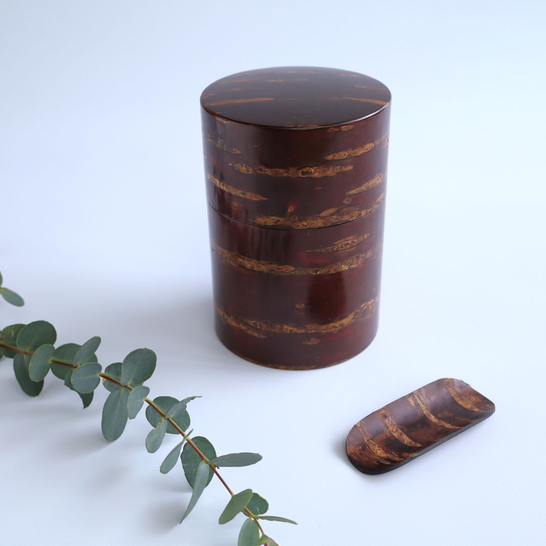 A cylindrical cherry bark tea or coffee caddy with a smooth, glossy finish and natural patterned stripes. The lid is off and rests beside the container, alongside a sprig of eucalyptus, all against a soft white background.