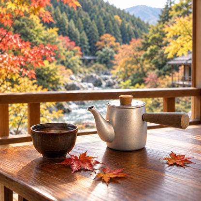 A silver metal teapot with a wooden lid and handle sits on a wooden table beside a dark ceramic cup, with scattered red autumn leaves on the tabletop and a scenic mountain landscape with colorful fall foliage in the background.