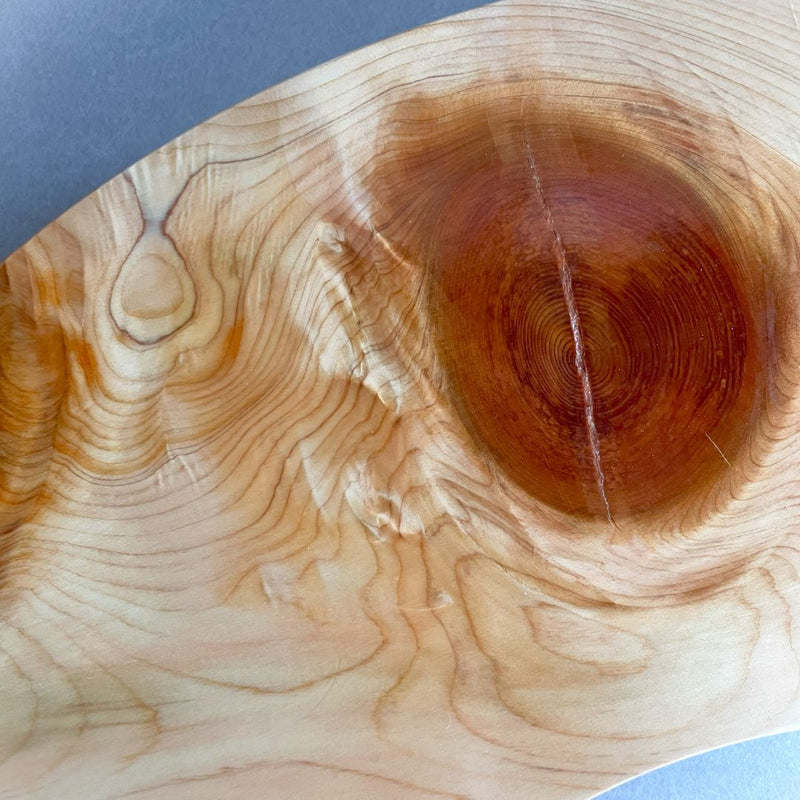 Close-up of a wooden surface with a prominent, circular wood knot featuring intricate grain patterns ranging in color from light tan to deep reddish-brown.