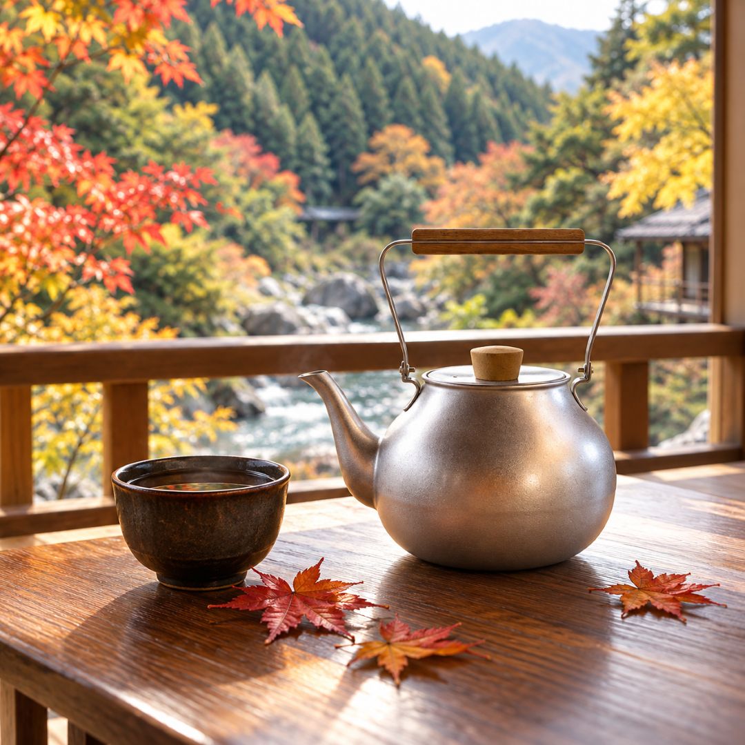 A silver metal teapot with a wooden handle and lid knob sits on a wooden table beside a dark ceramic cup, with scattered red autumn leaves around them. Through the window, a scenic mountain landscape with colorful fall foliage and a river is visible.