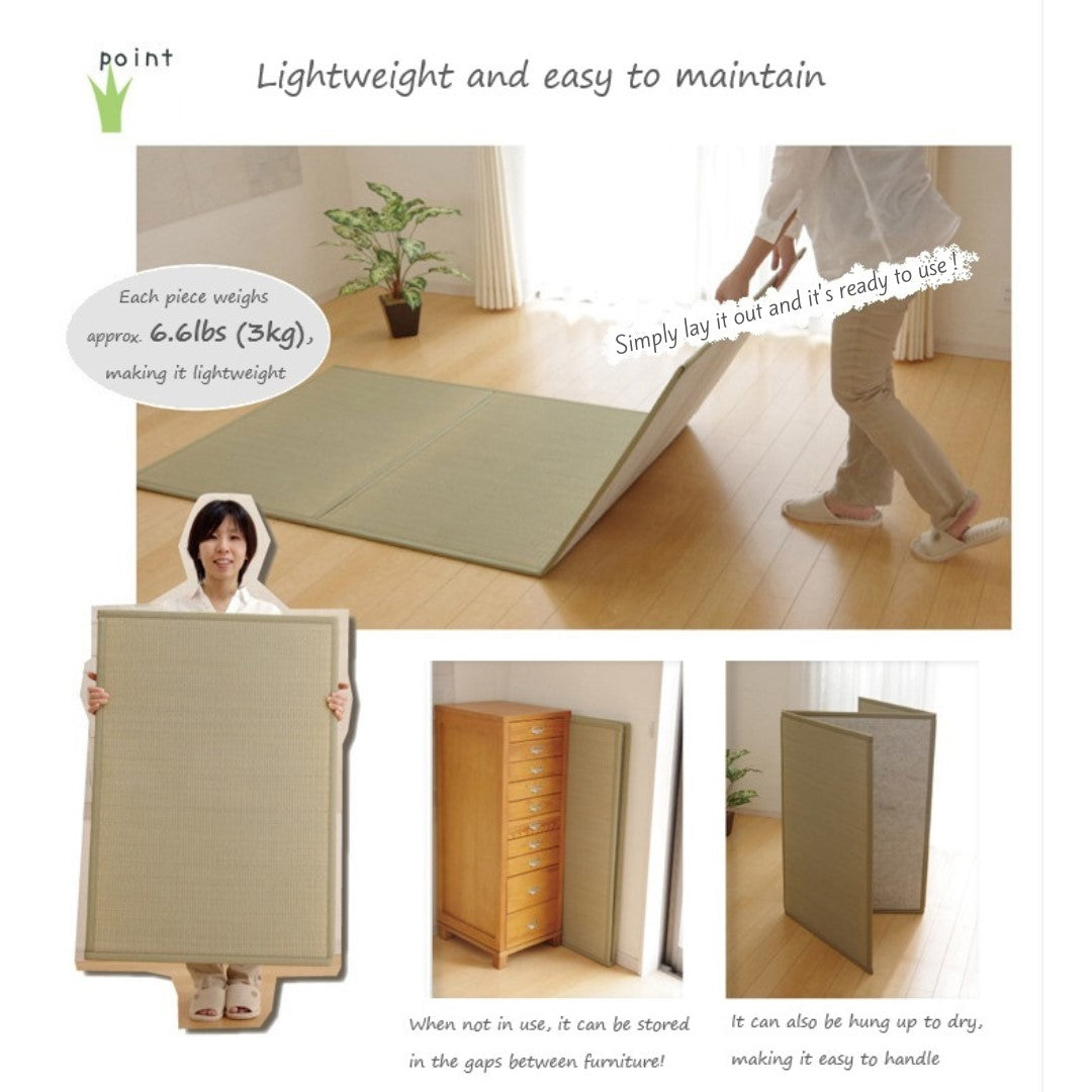 Promotional image showing a lightweight tatami mat features: a woman holds the mat to highlight its weight, being unrolled easily, and shown stored or hung for drying.