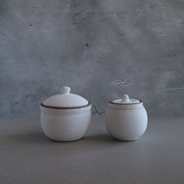 Two white handmade Japanese Shigaraki ceramic salt cellars with brown-trimmed lids on a gray background.