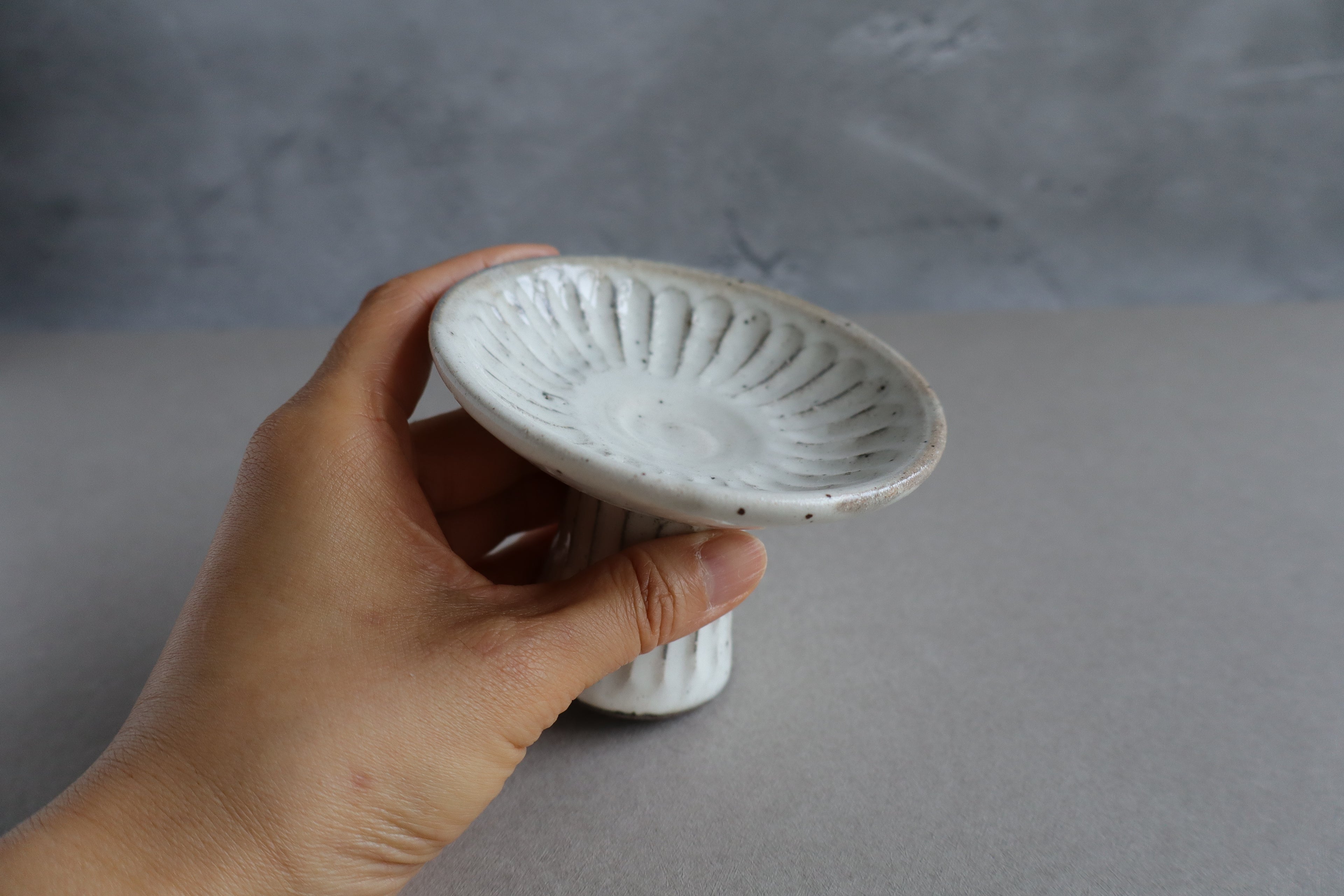 Hand holding a small white ceramic dish against a gray background