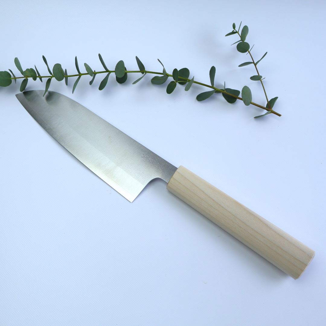 A single Japanese Santoku knife lying diagonally across a white background, with a pale wooden handle on the right and the blade extending to the left. The knife's blade is broad and smooth with a reflective finish, featuring a subtle maker's mark. Above the knife, a sprig of eucalyptus with small, round green leaves adds a natural, organic touch to the composition.