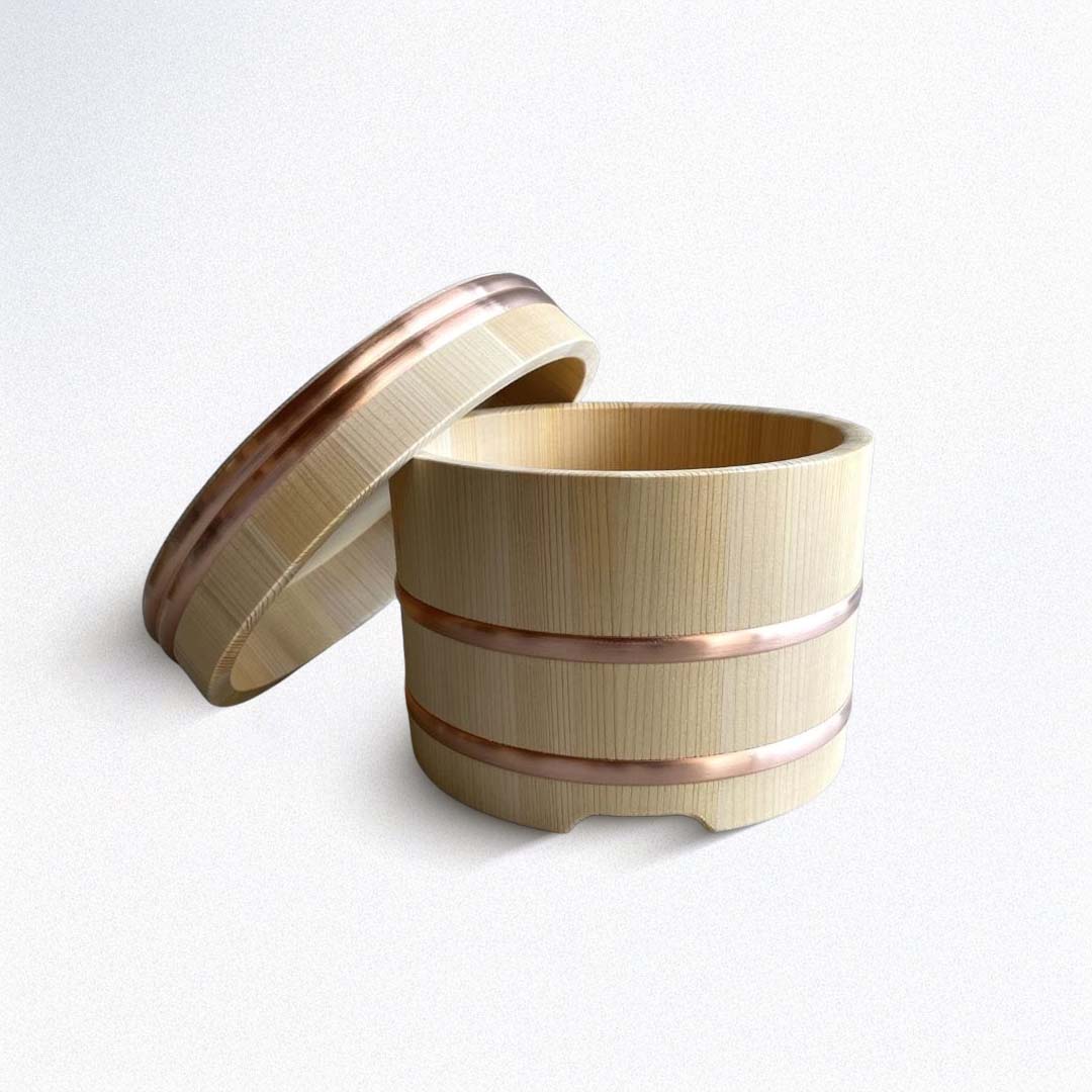 A wooden rice container with open lid on a white background